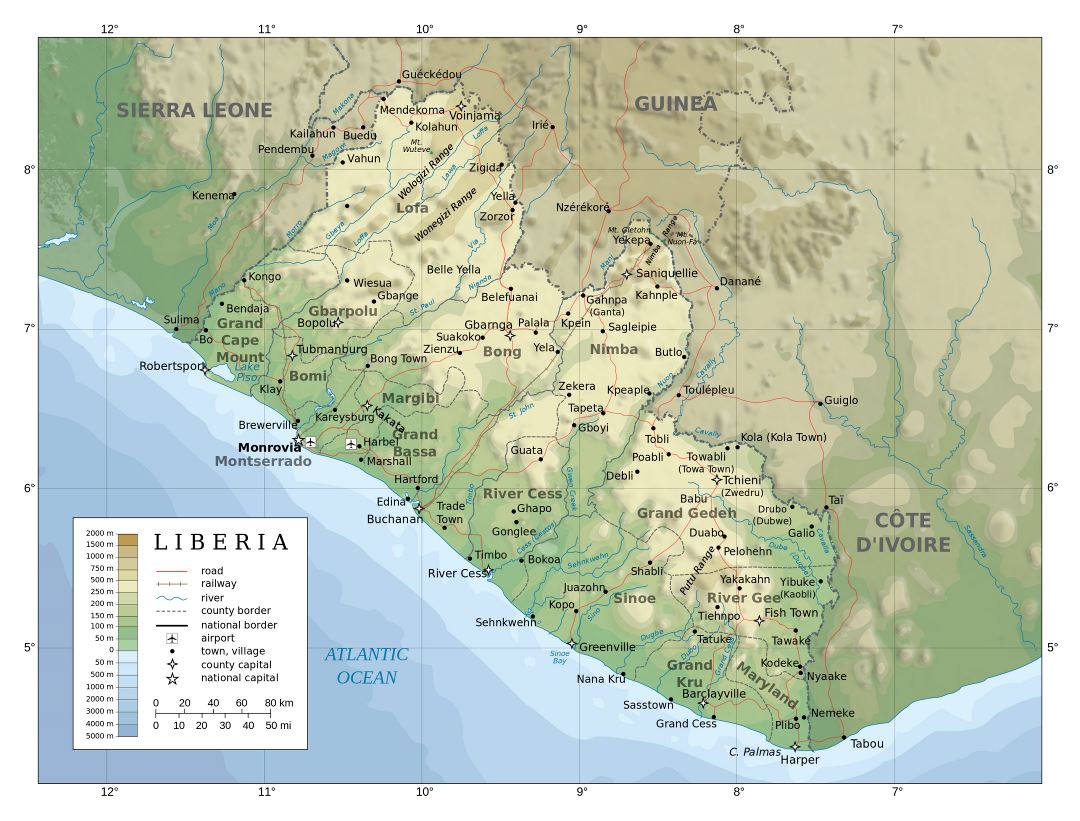 Большая детальная физическая карта Либерии с административными делениями, дорогами, железными дорогами, городами и аэропортами