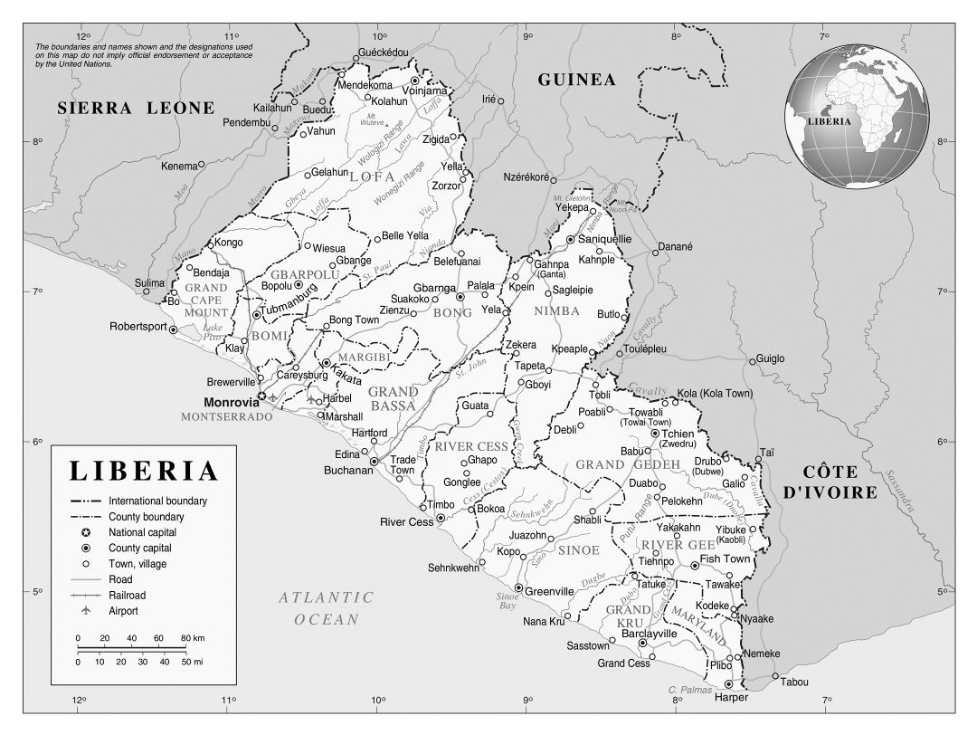 Большая детальная политическая и административная карта Либерии