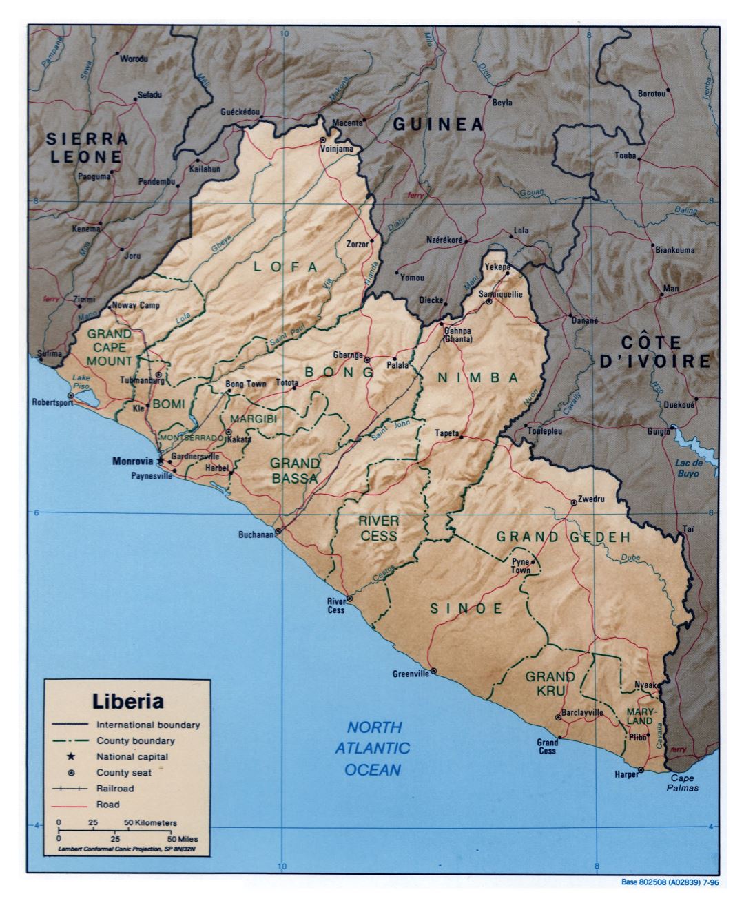 Большая детальная политическая и административная карта Либерии с рельефом, дорогами, железными дорогами и крупными городми - 1996