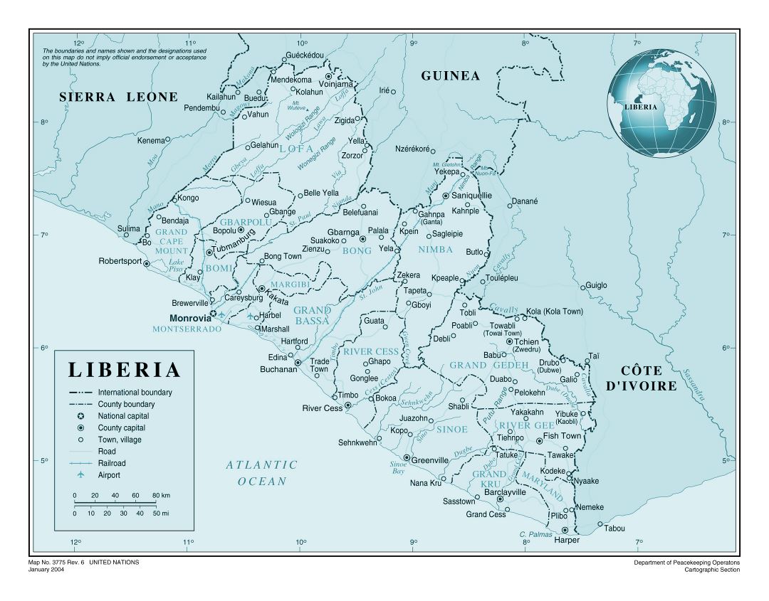 Большая детальная политическая и административная карта Либерии с дорогами, железными дорогами, всеми городами и аэропортами