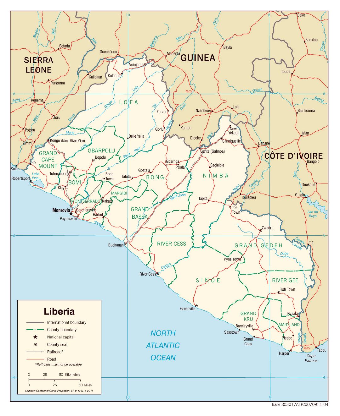 Большая детальная политическая и административная карта Либерии с дорогами, железными дорогами и крупными городами - 2004