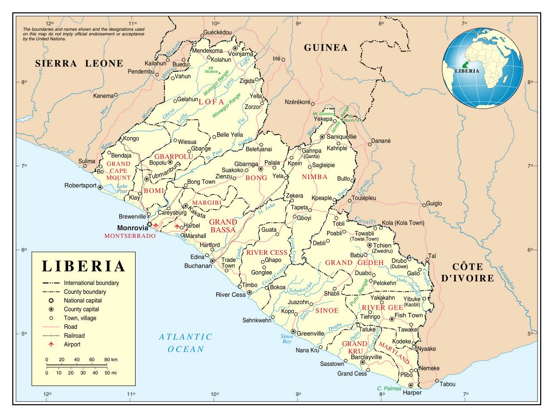 Большая детальная политическая и административная карта Либерии с дорогами, железными дорогами, городами и аэропортами
