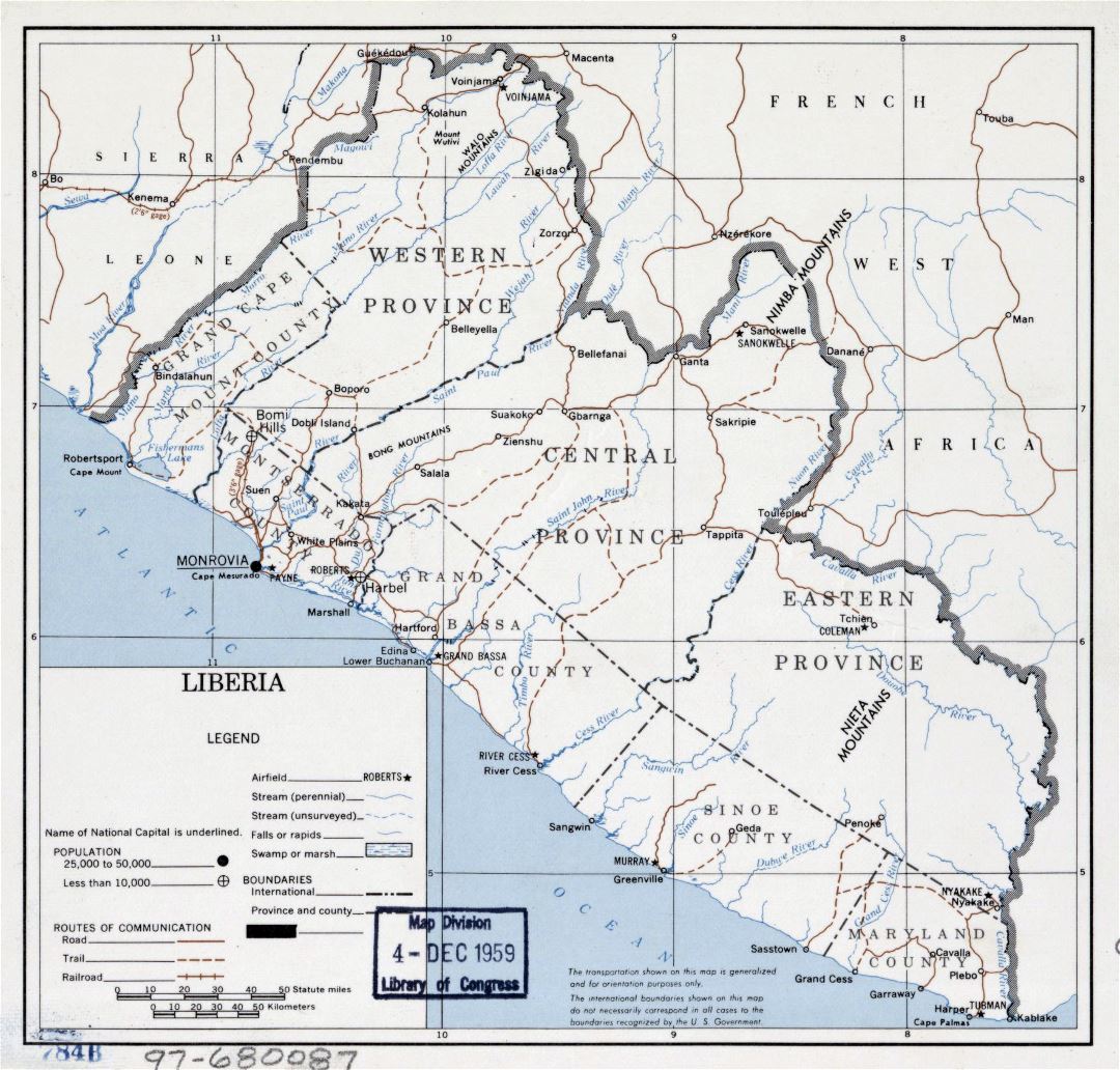 Большая детальная политическая карта Либерии - 1959