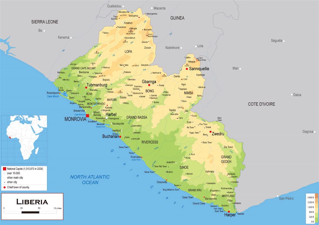 Большая физическая карта Либерии с другими пометками