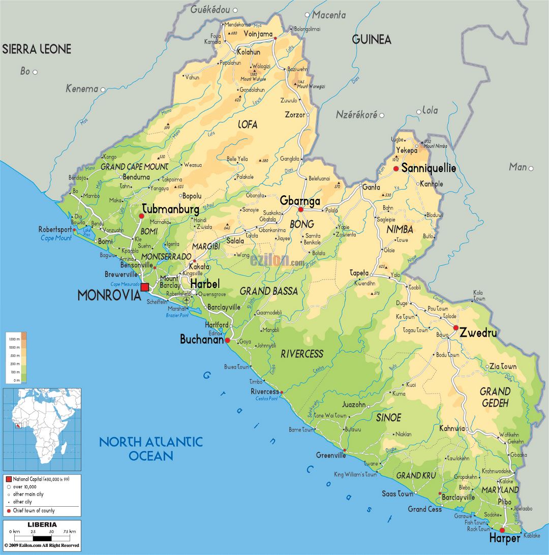 Большая физическая карта Либерии с дорогами, городами и аэропортами