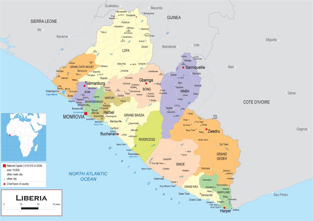 Большая политическая и административная карта Либерии с другими пометками