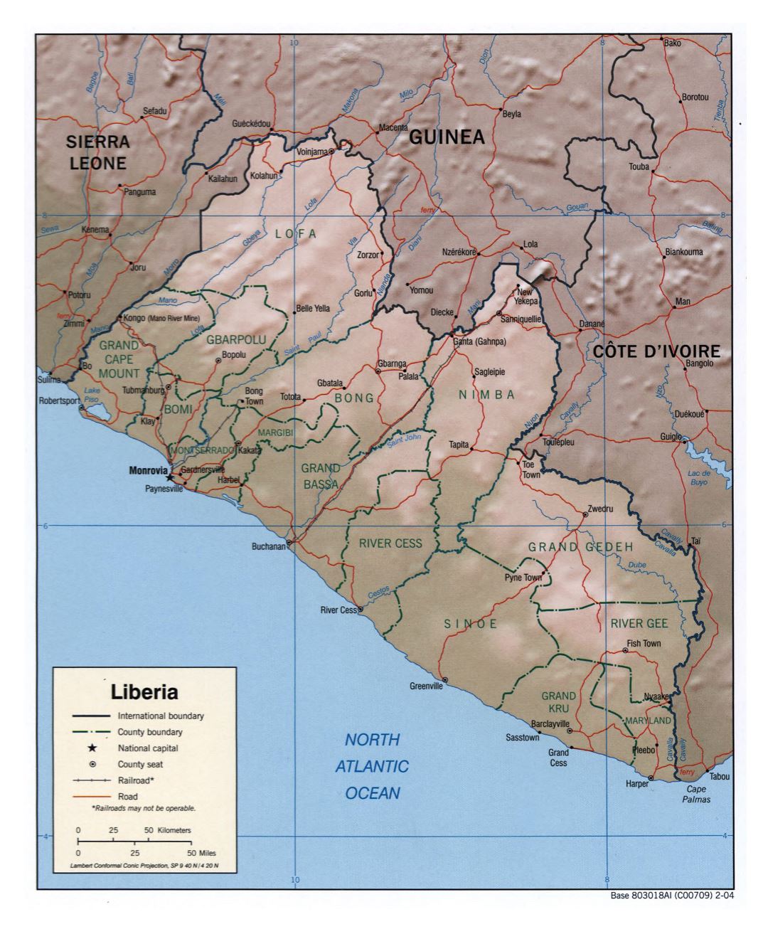 Большая политическая и административная карта Либерии с рельефом, дорогами, железными дорогами и городами - 2004