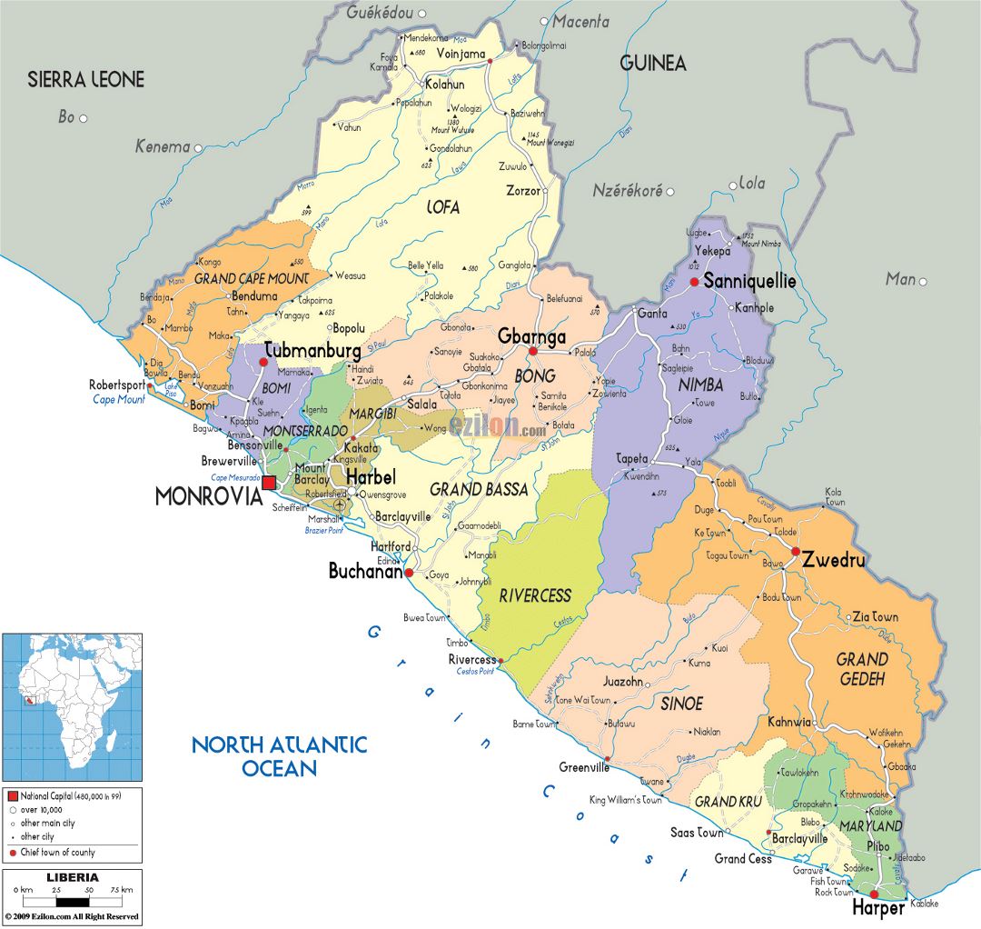 Большая политическая и административная карта Либерии с дорогами, городами и аэропортами