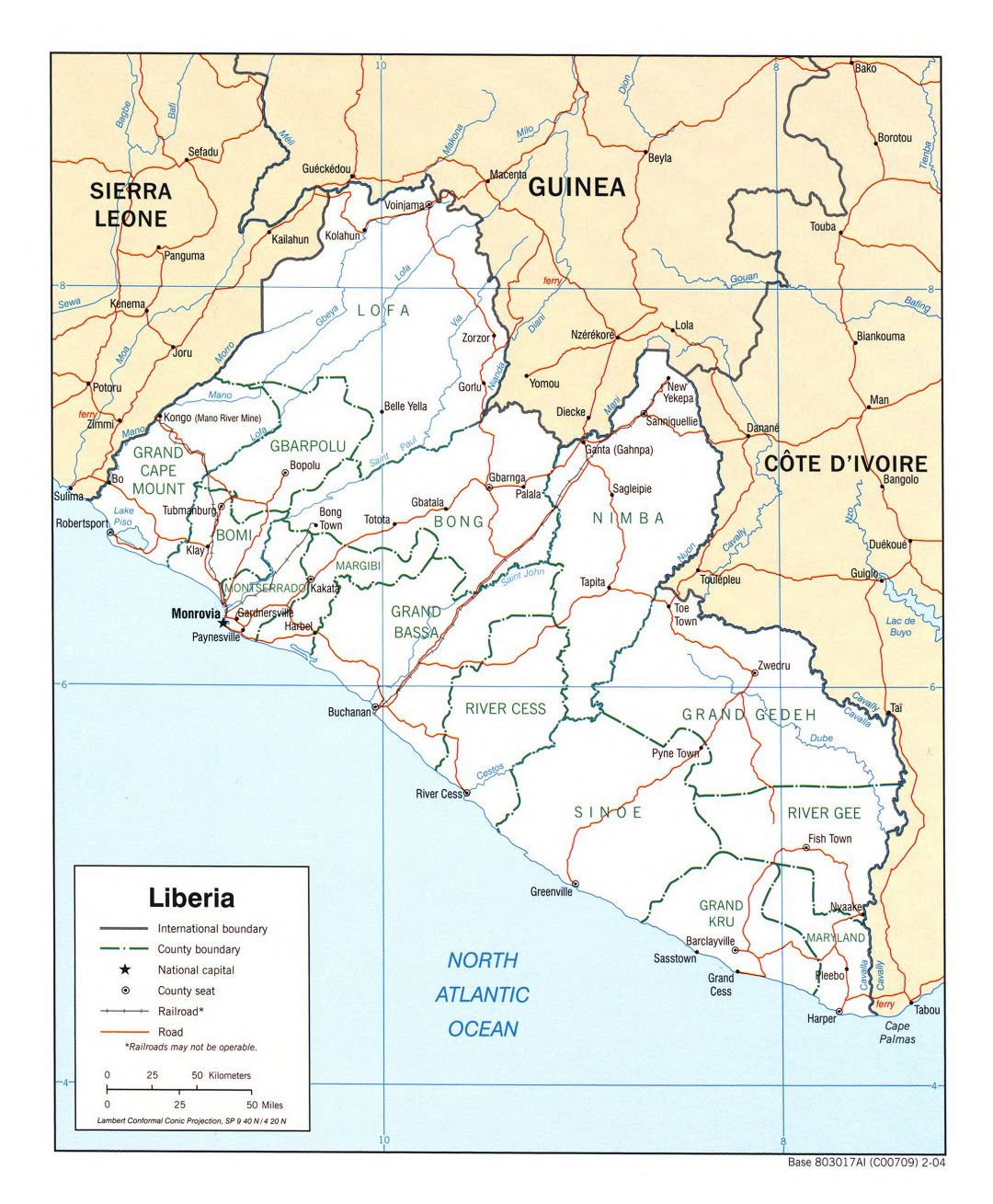 Большая политическая и административная карта Либерии с дорогами, железными дорогами и городами - 2004