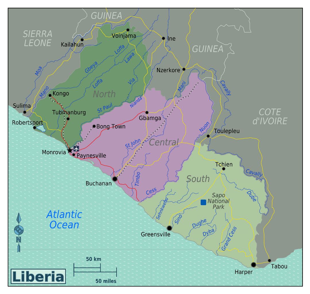 Большая карта регионов Либерии