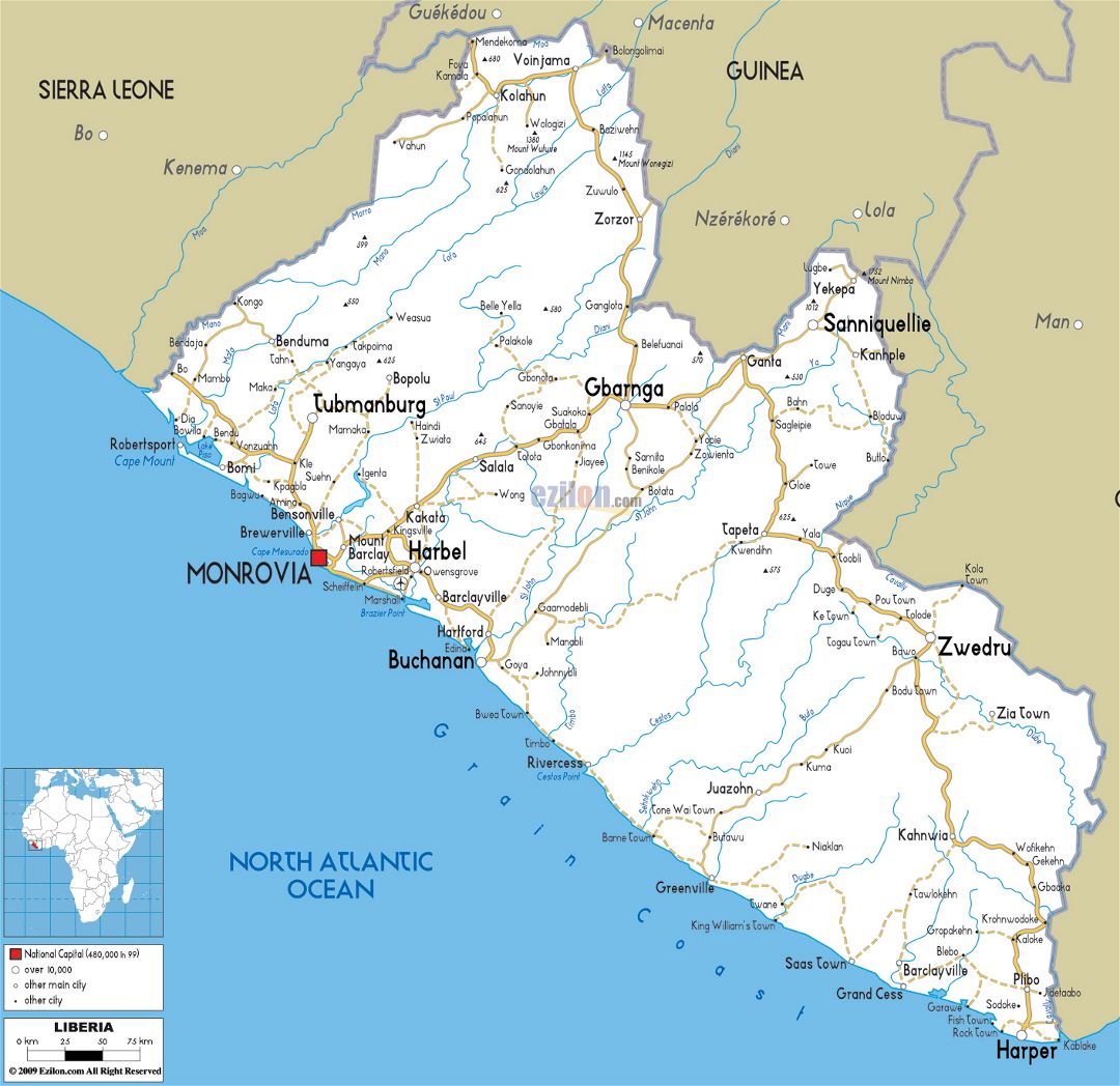 Большая карта дорог Либерии с городами и аэропортами
