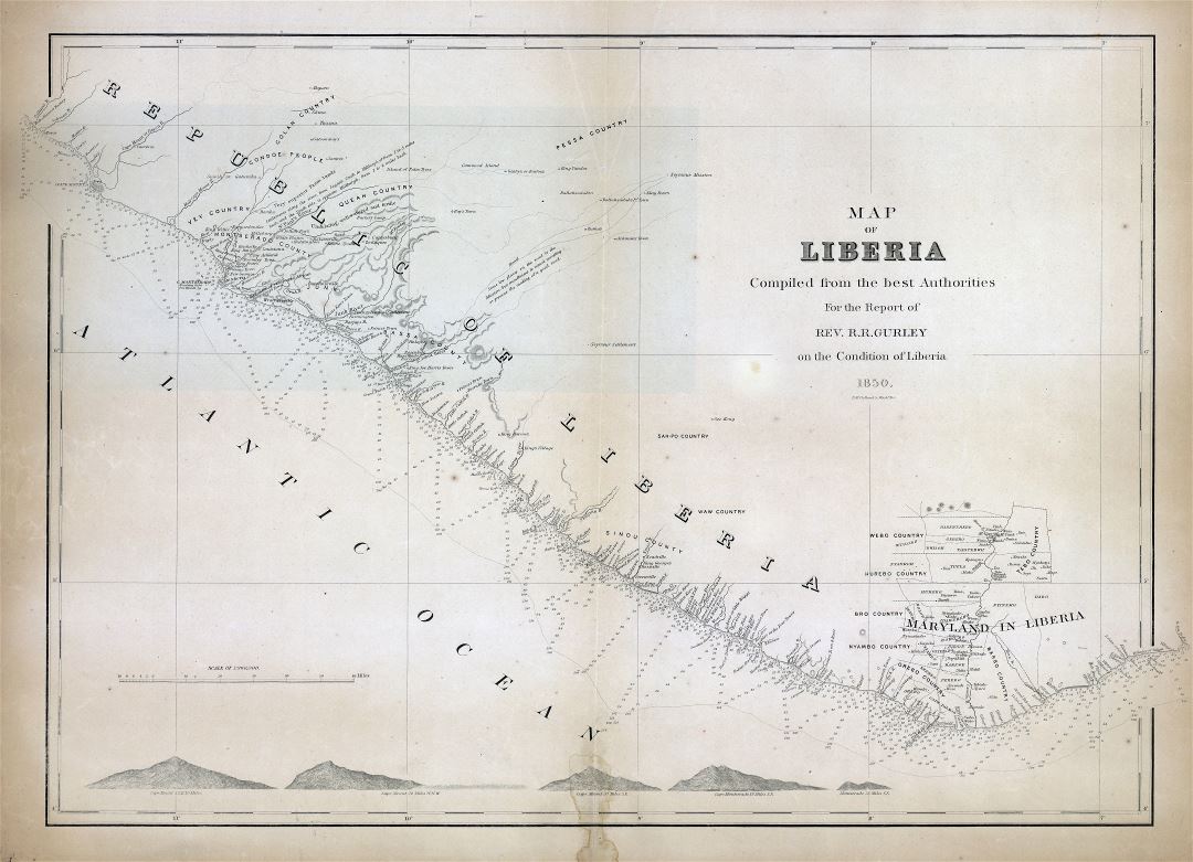Крупномасштабная детальная старая карта Либерии - 1850