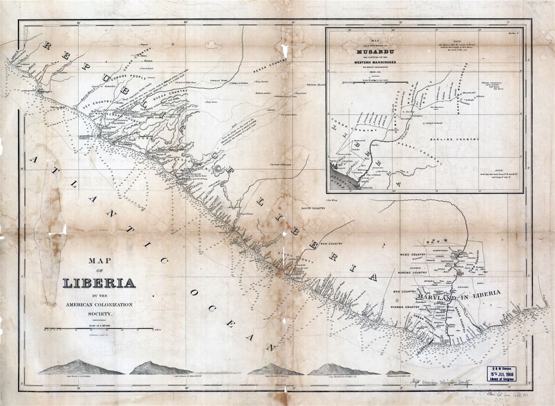 Крупномасштабная детальная старая карта Либерии - 1870