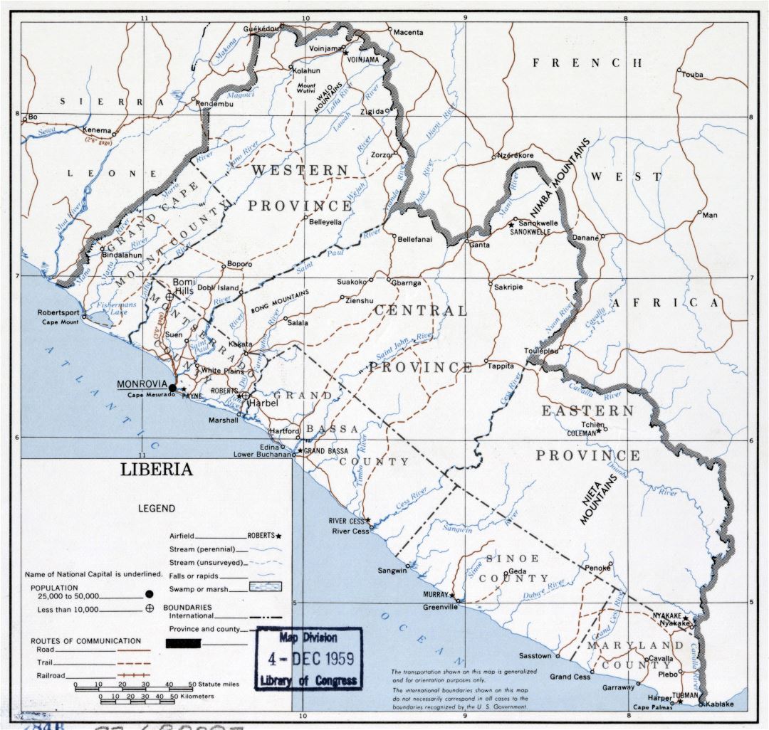 Крупномасштабная политическая карта Либерии - 1959