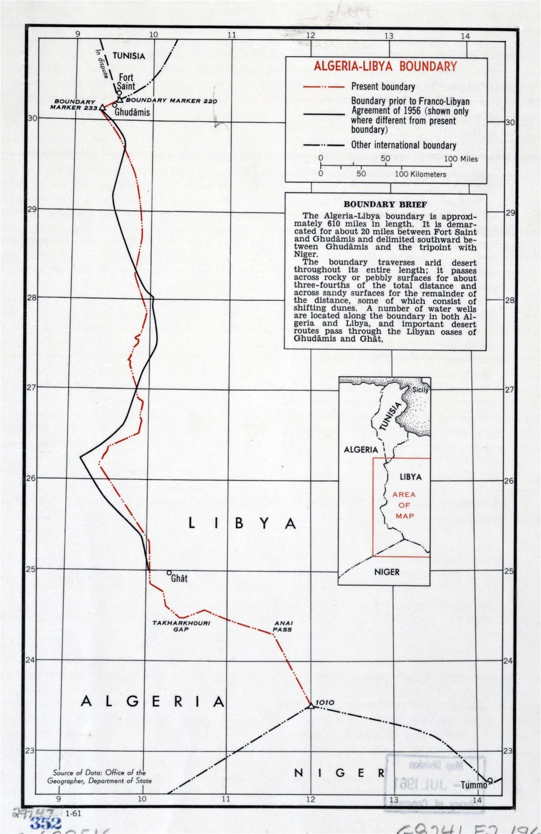 Большая детальная карта границы Алжира и Ливии - 1961