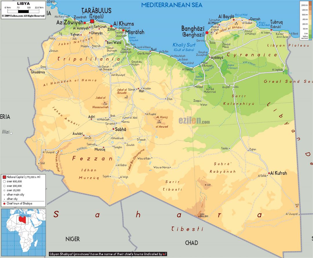Большая физическая карта Ливии с дорогами, городами и аэропортами
