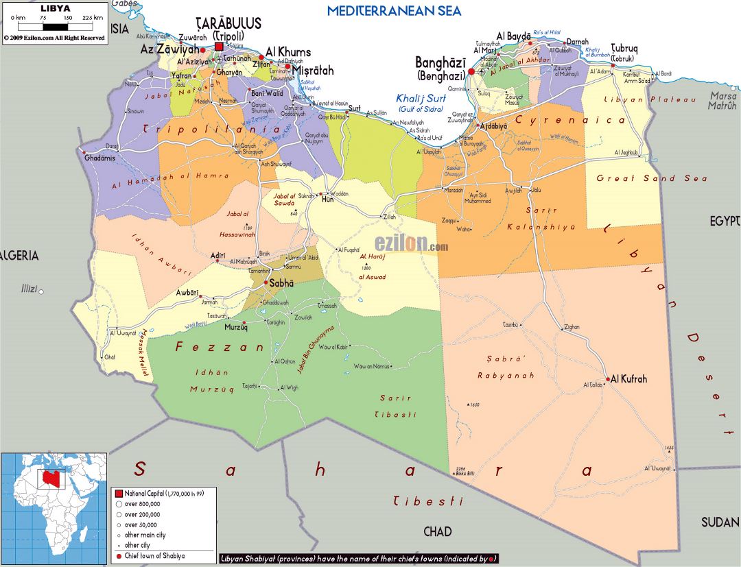 Большая политическая и административная карта Ливии с дорогами, городами и аэропортами