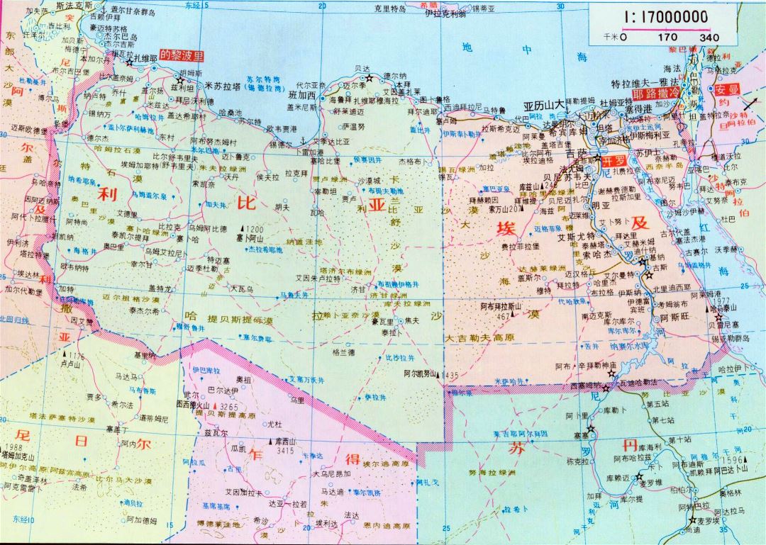 Большая политическая карта Ливии и Египта на китайском
