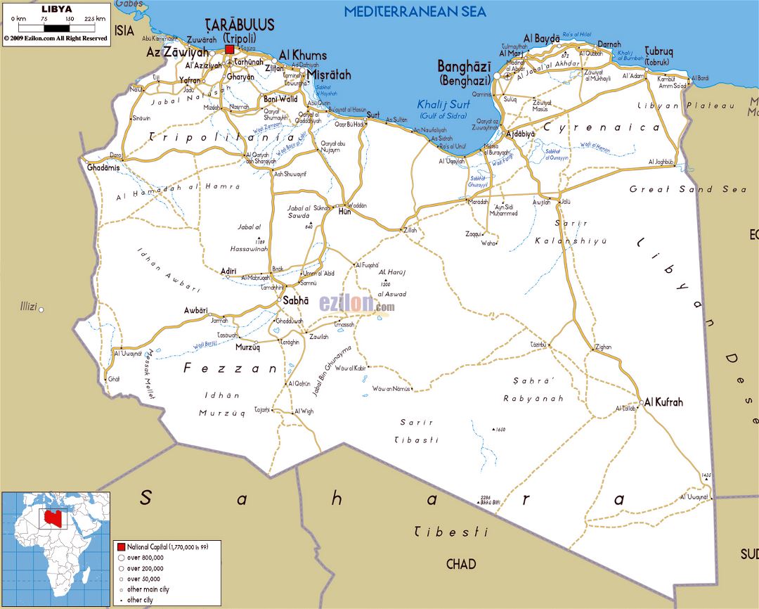 Большая карта дорог Ливии с городами и аэропортами