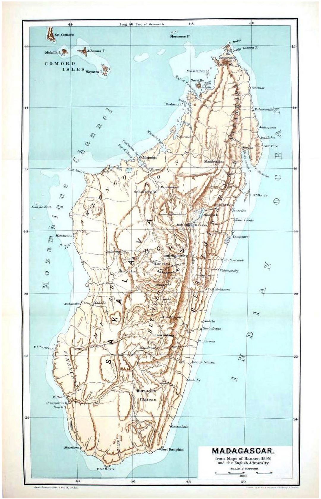 Детальная старая карта Мадагаскара с рельефом - 1895