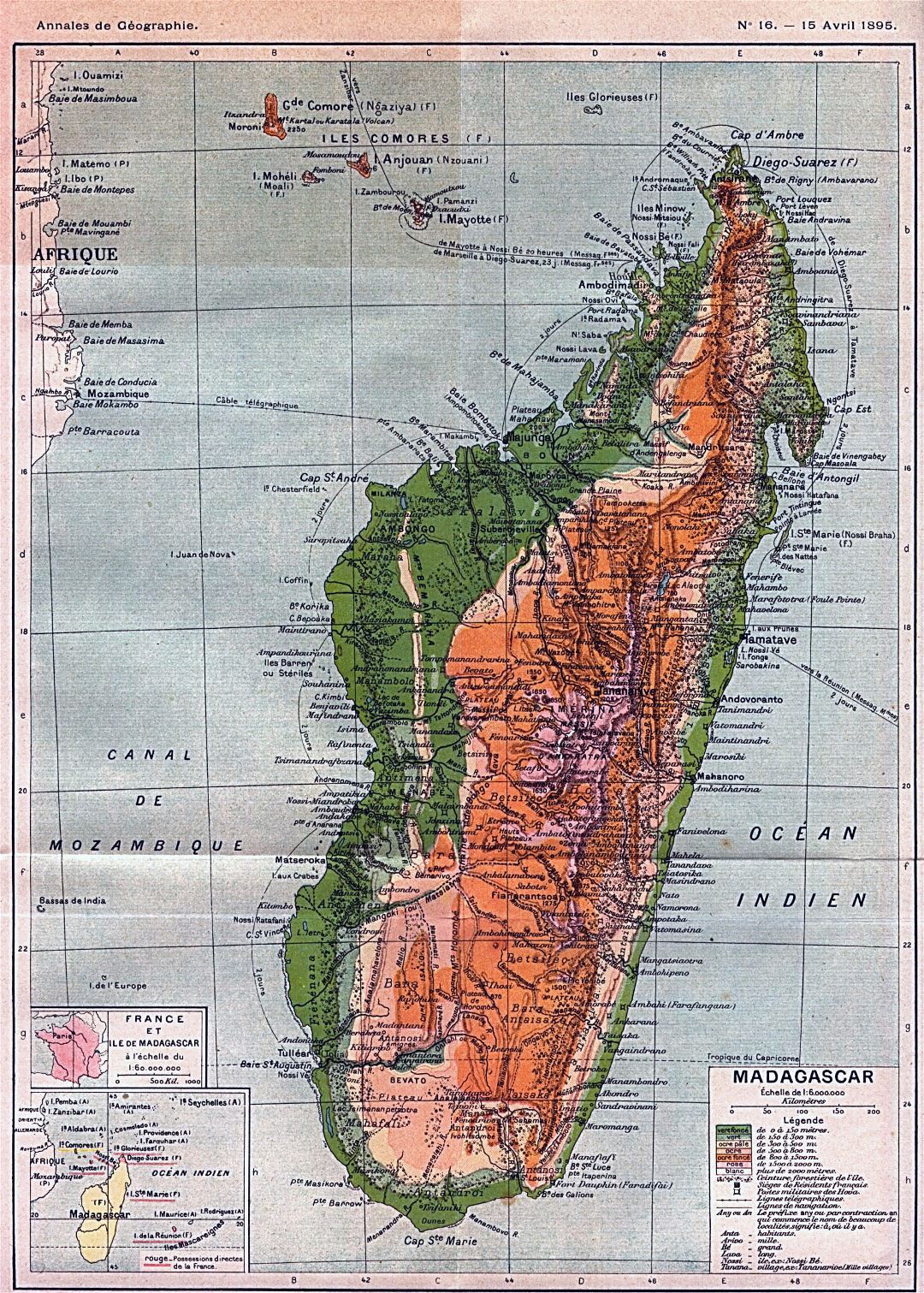 Большая детальная старая физическая карта Мадагаскара - 1895