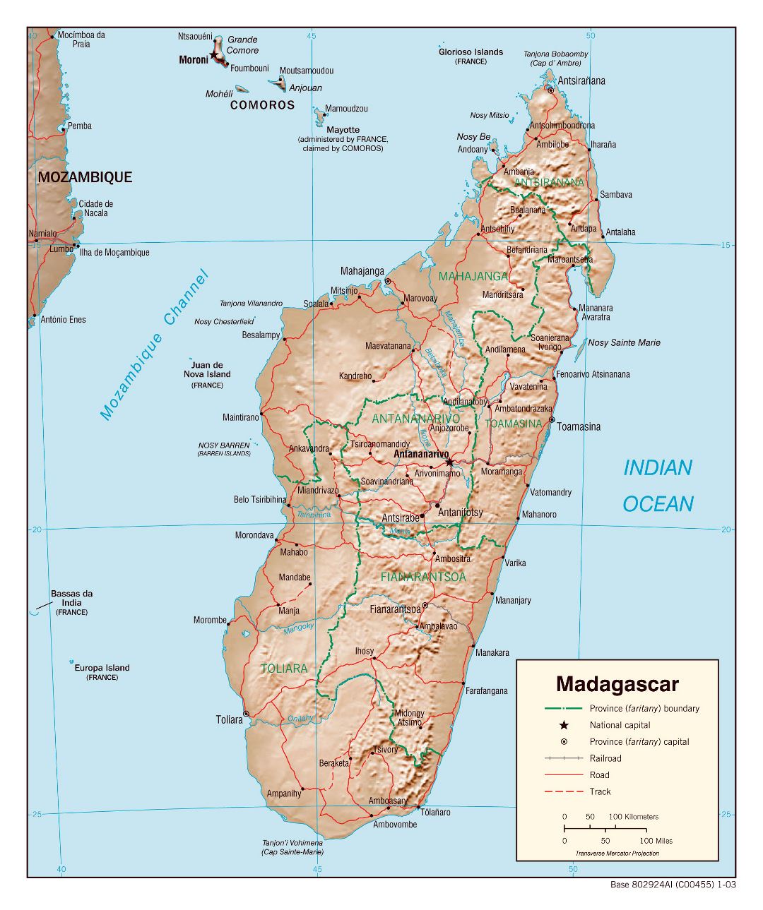 Большая детальная политическая и административная карта Мадагаскара с рельефом, дорогами, железными дорогами и крупными городами - 2003