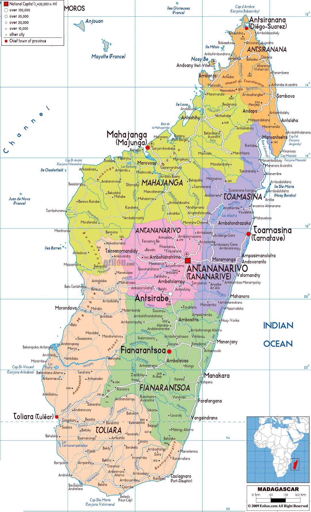 Большая политическая и административная карта Мадагаскара с дорогами, городами и аэропортами