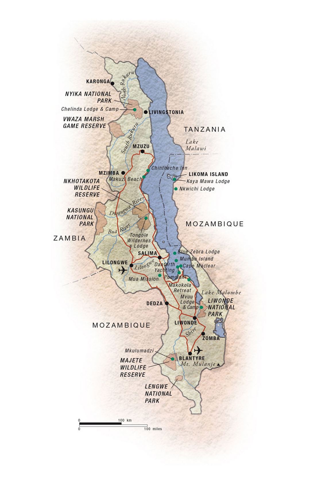 Детальная карта национальных парков Малави