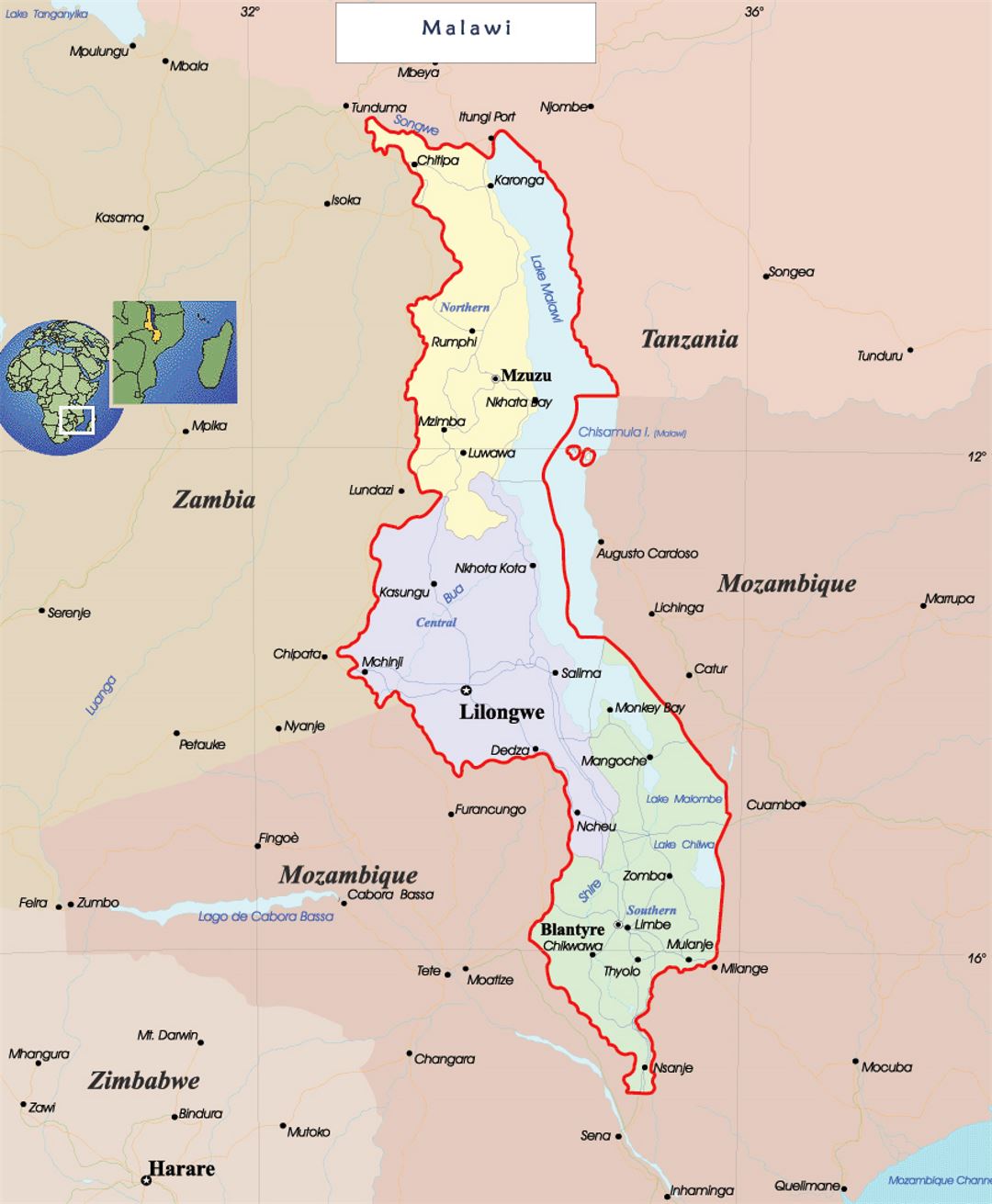 Детальная политическая и административная карта Малави с дорогами и городами
