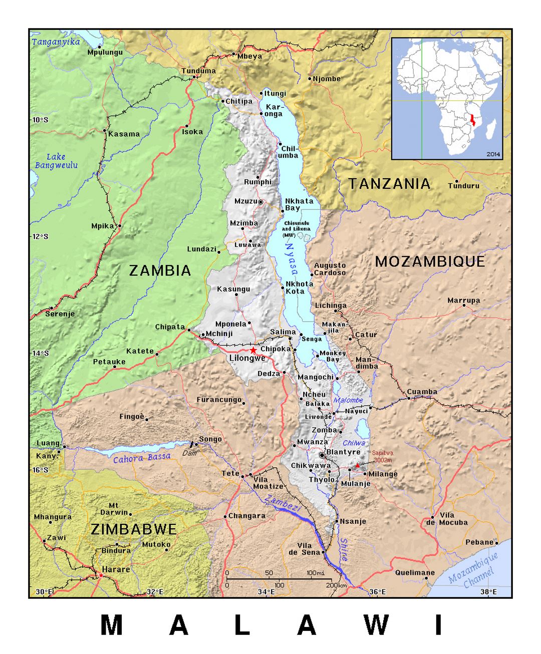 Детальная политическая карта Малави с рельефом