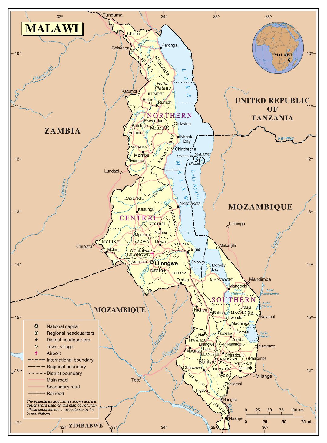 Большая детальная политическая и административная карта Малави с дорогами, железными дорогами, городами и аэропортами