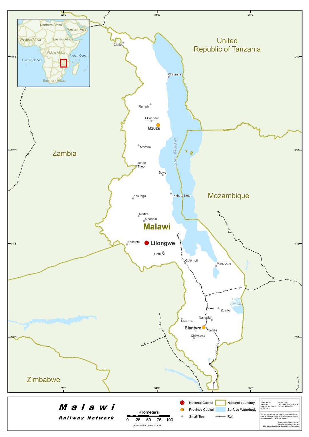 Большая подробная карта сети железных дорог Малави