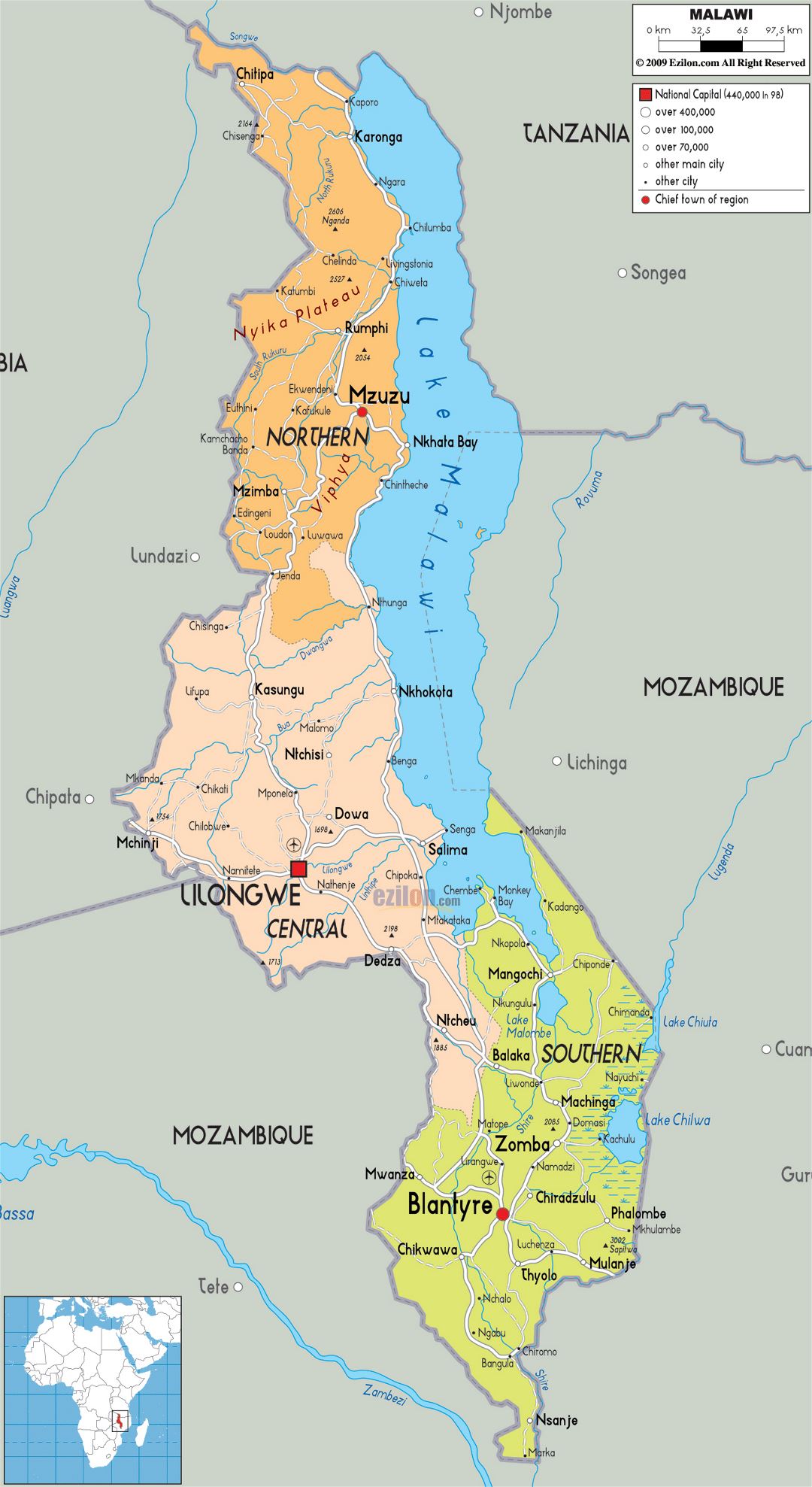 Большая политическая и административная карта Малави с дорогами, городами и аэропортами