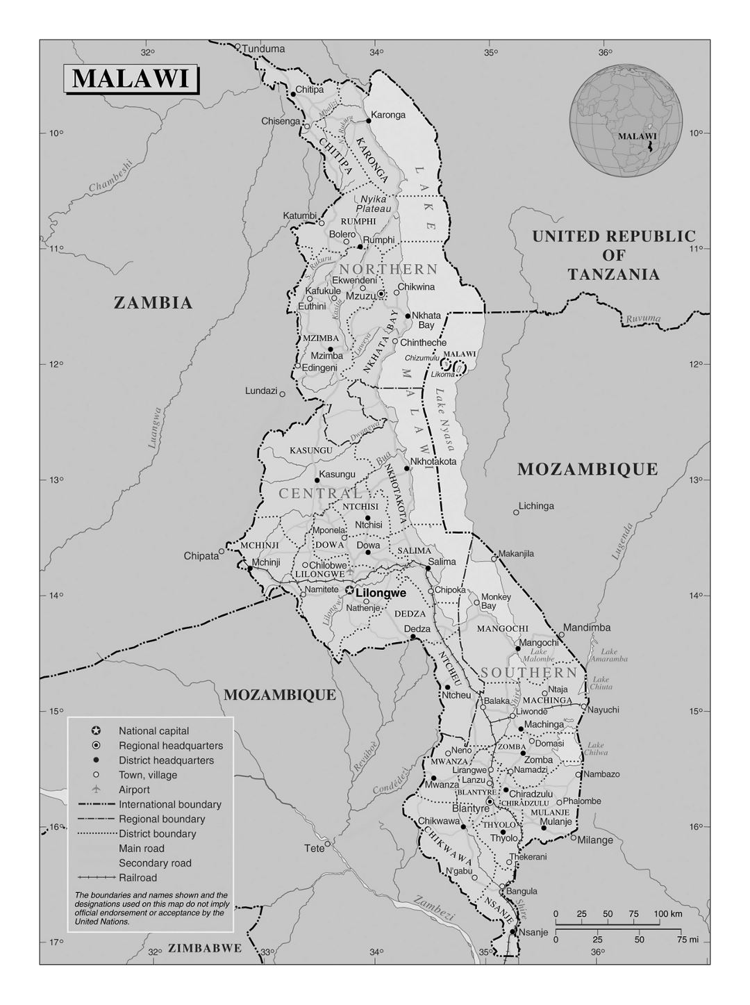 Большая политическая и административная карта Малави с дорогами, железными дорогами, городами и аэропортами