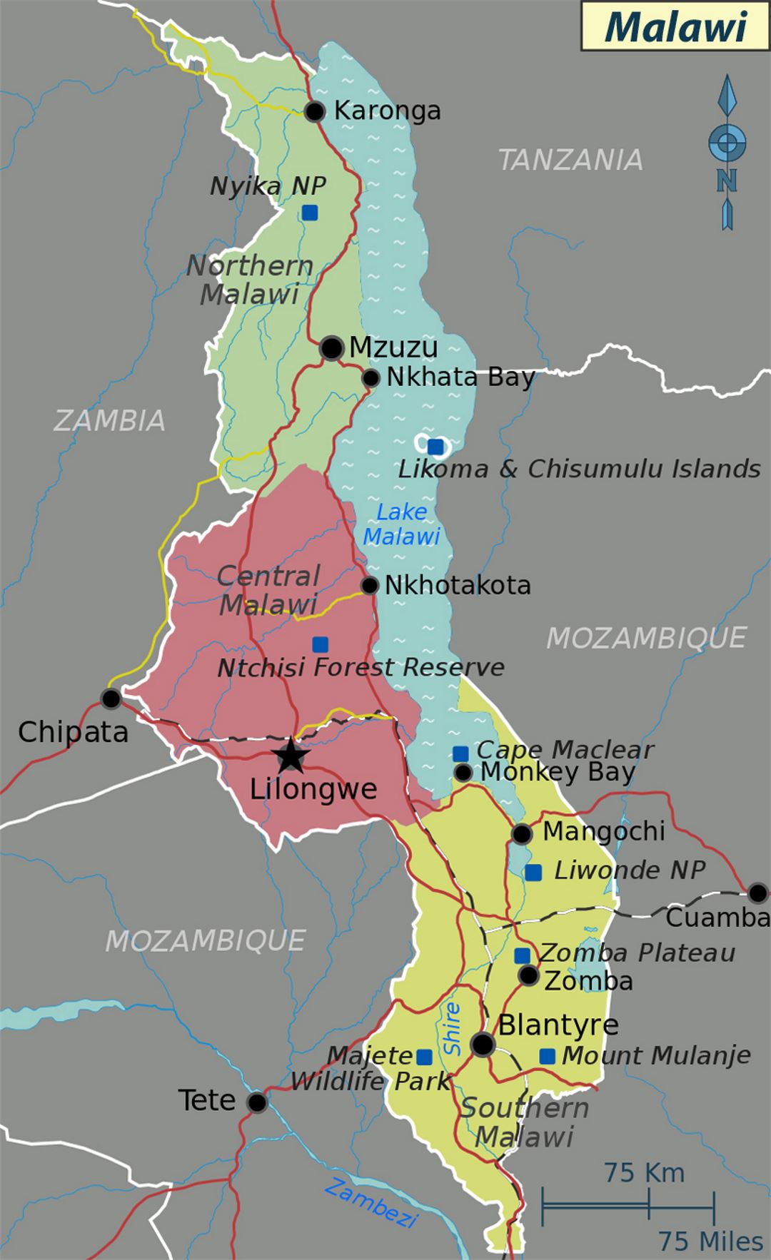 Большая карта регионов Малави
