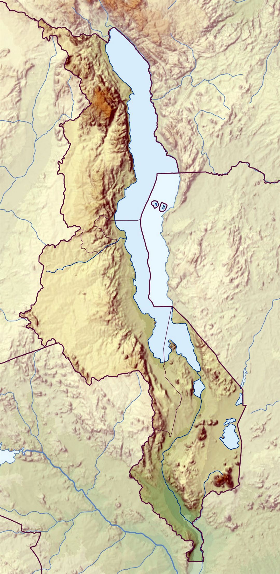 Большая карта рельефа Малави