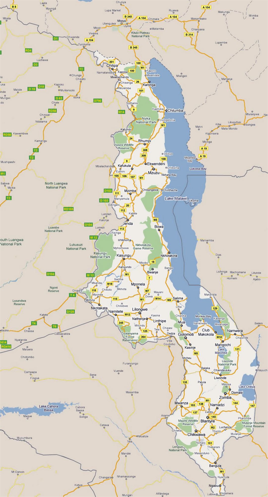 Большая карта дорог Малави со всеми городами