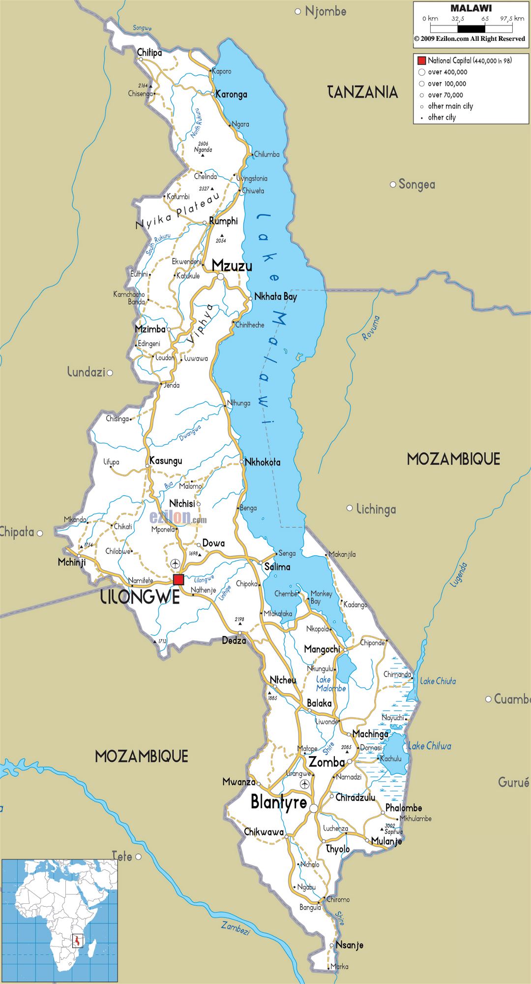 Большая карта дорог Малави с городами и аэропортами