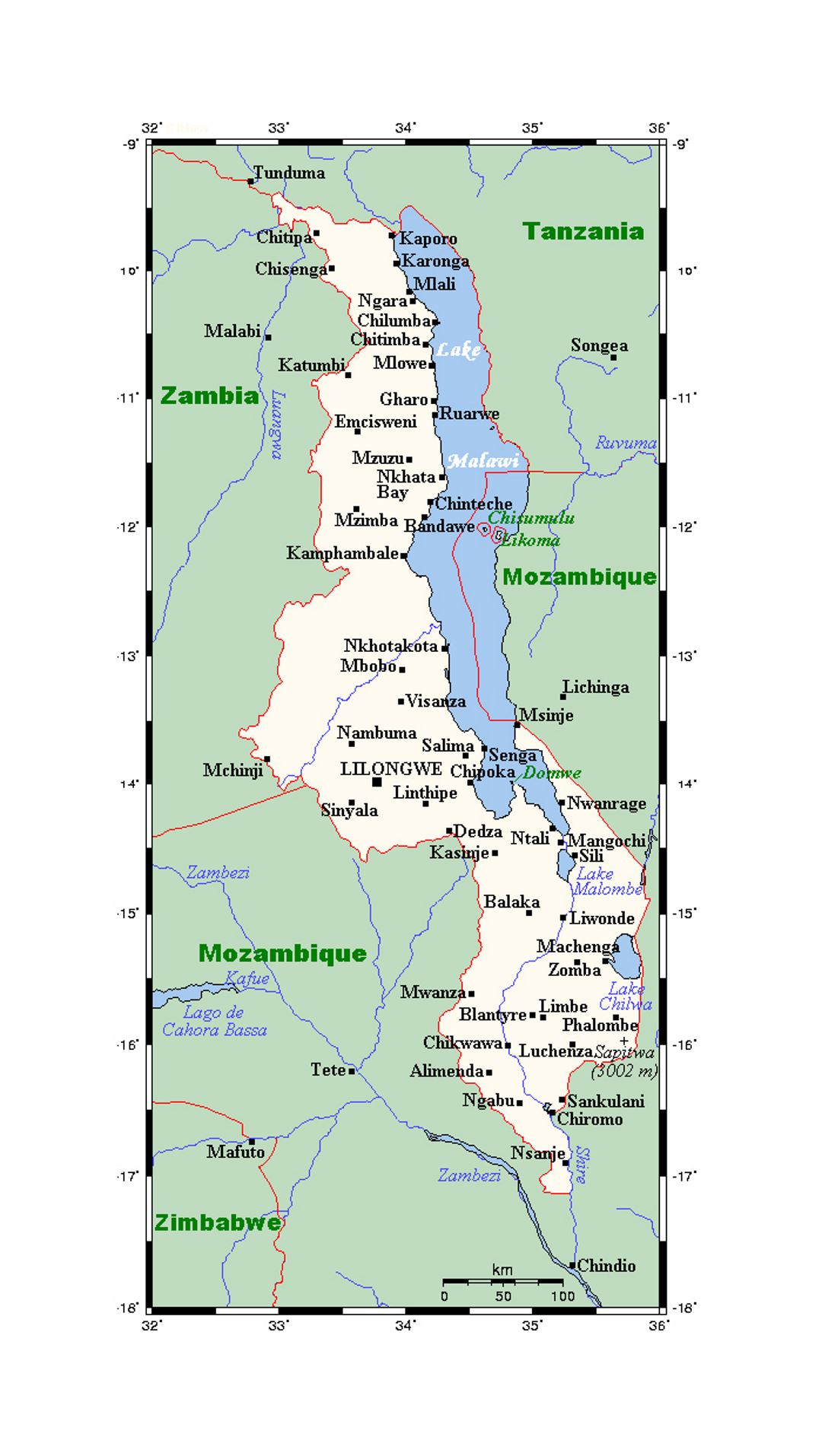 Карта Малави с городами