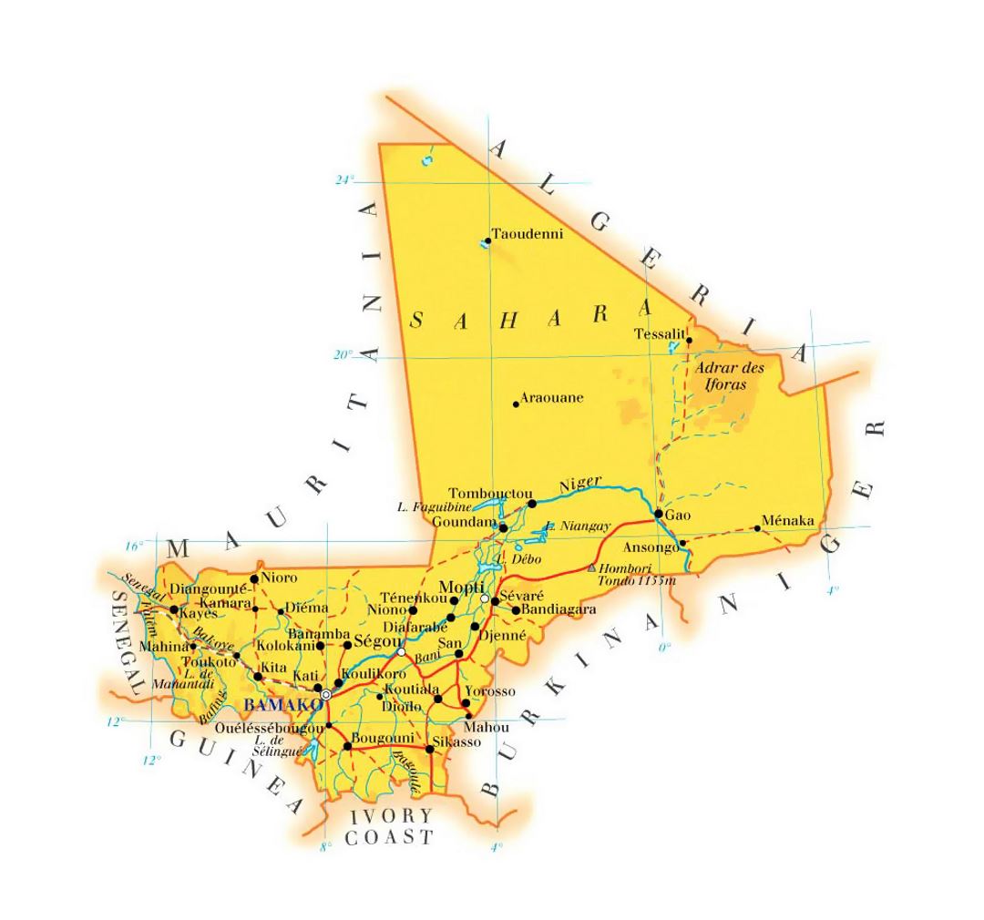Детальная карта высот Мали с дорогами, городами и аэропортами