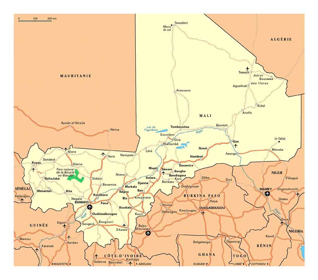 Детальная карта Мали с дорогами, городами, национальными парками и аэропортами