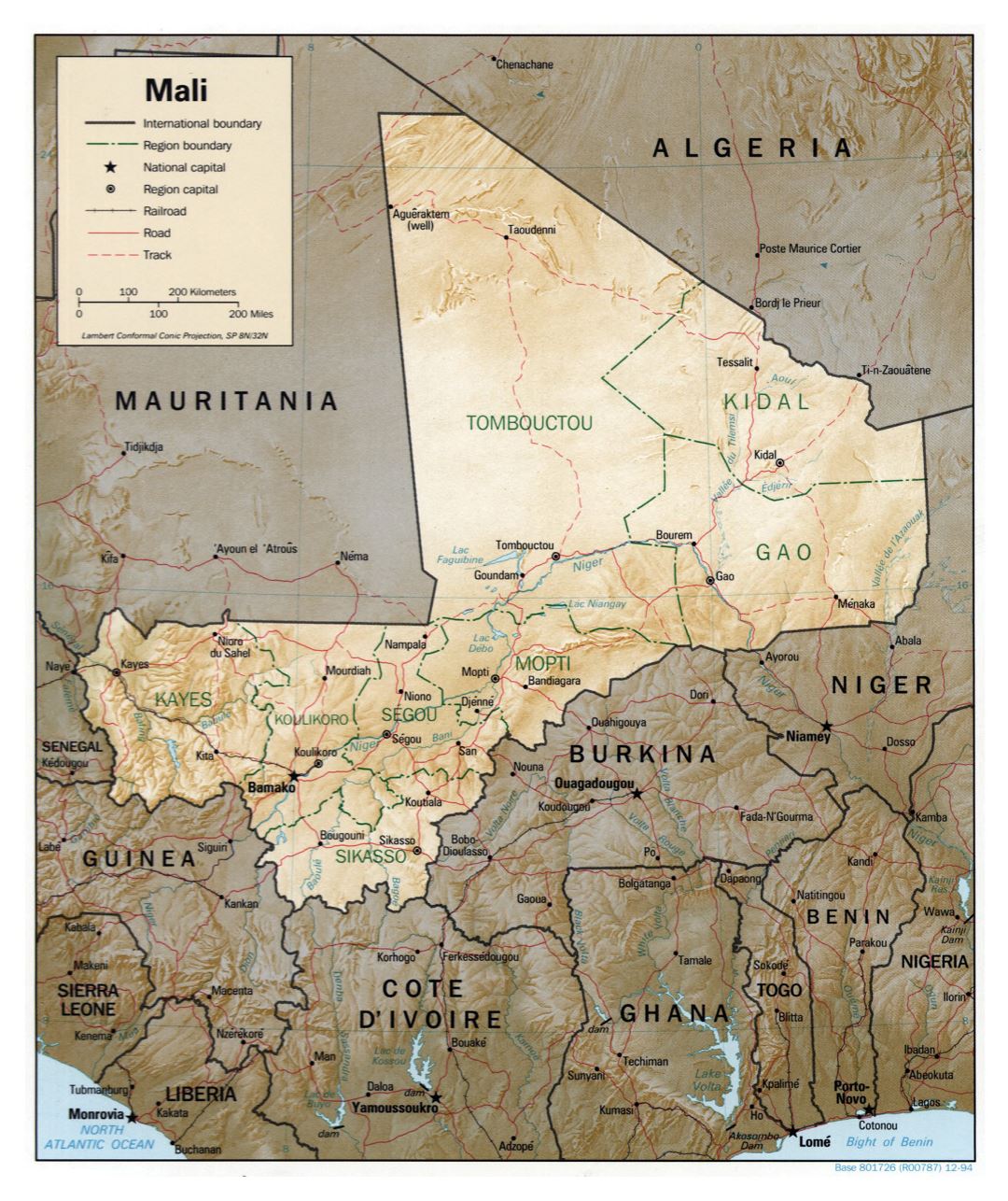 Большая детальная политическая и административная карта Мали с рельефом, дорогами, железными дорогами и крупными городами - 1994