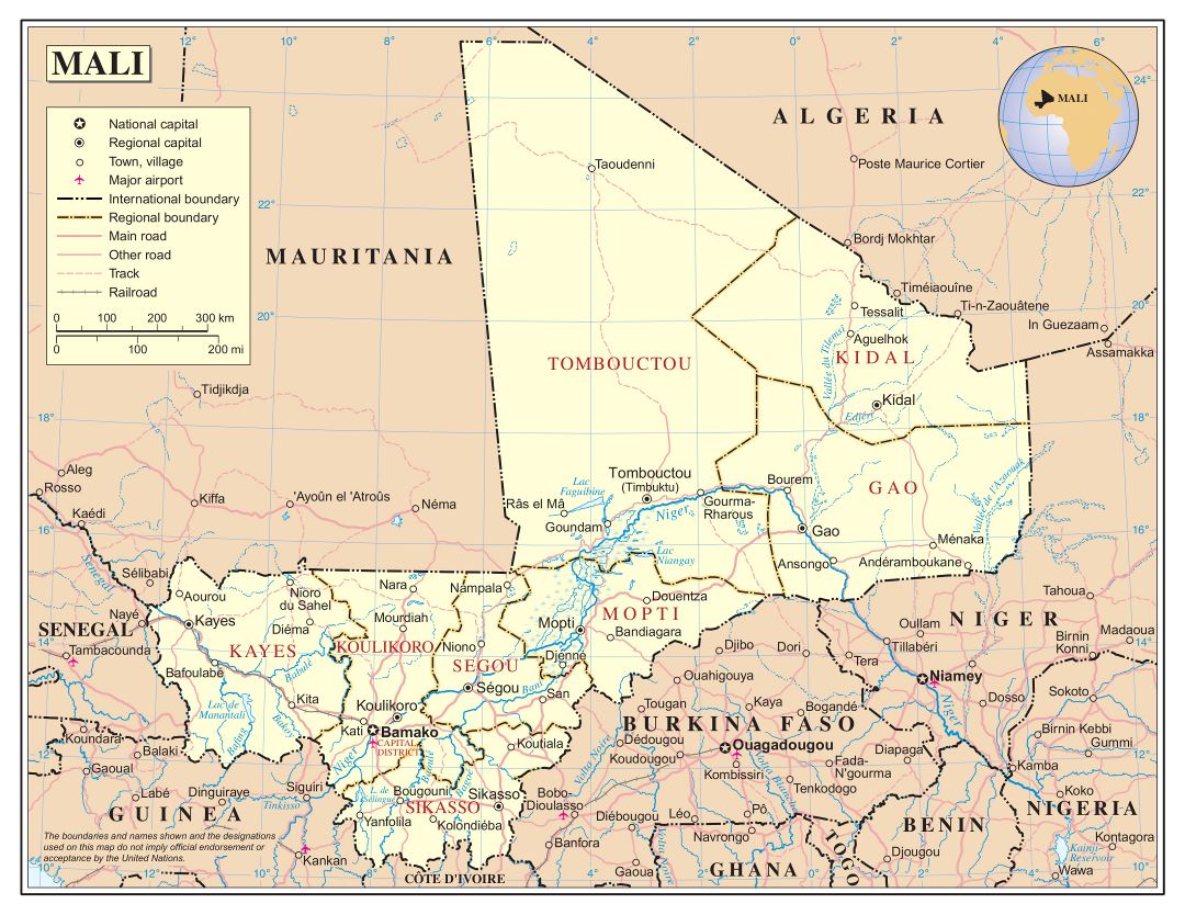 Большая детальная политическая и административная карта Мали с дорогами, железными дорогами, городами и аэропортами