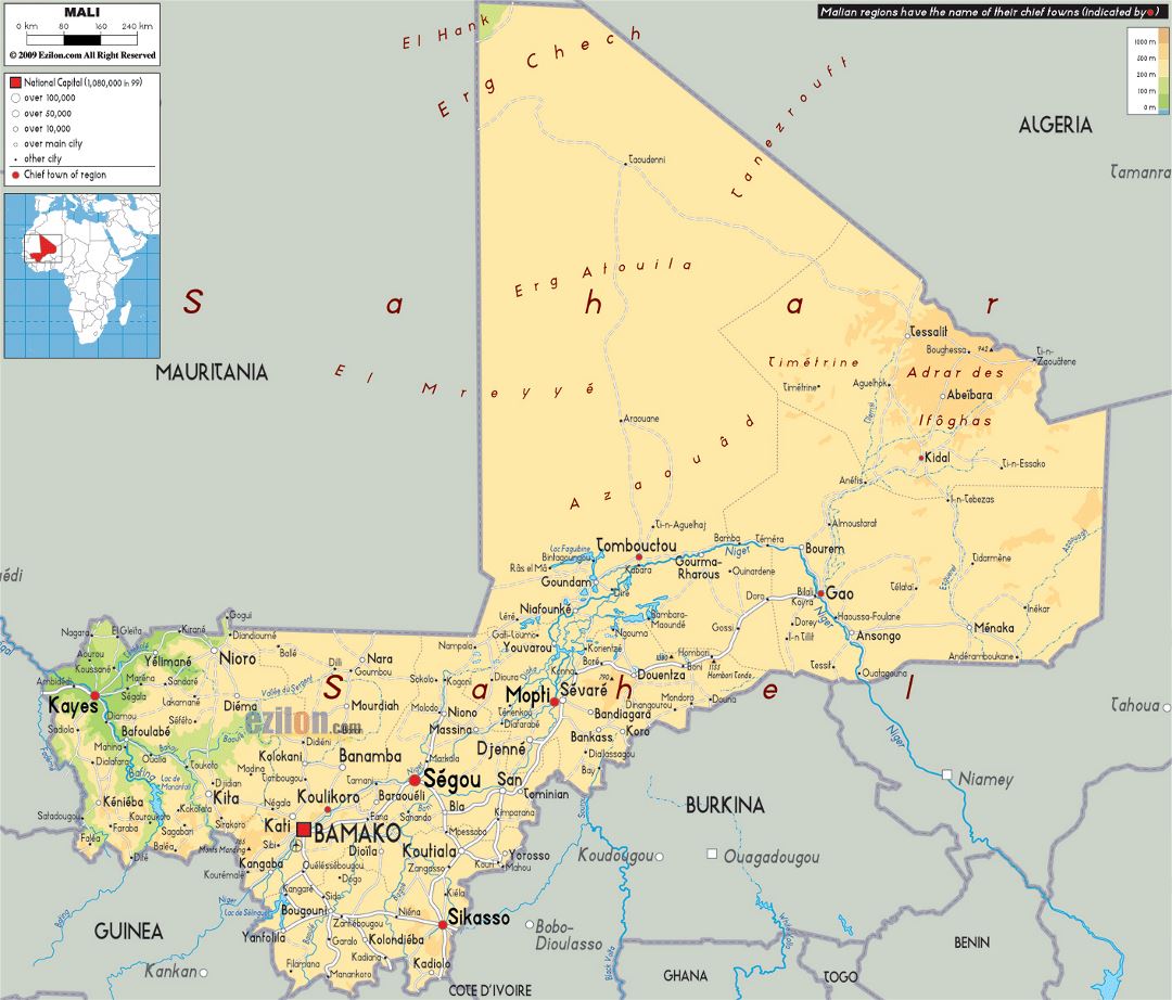 Большая физическая карта Мали с дорогами, городами и аэропортами