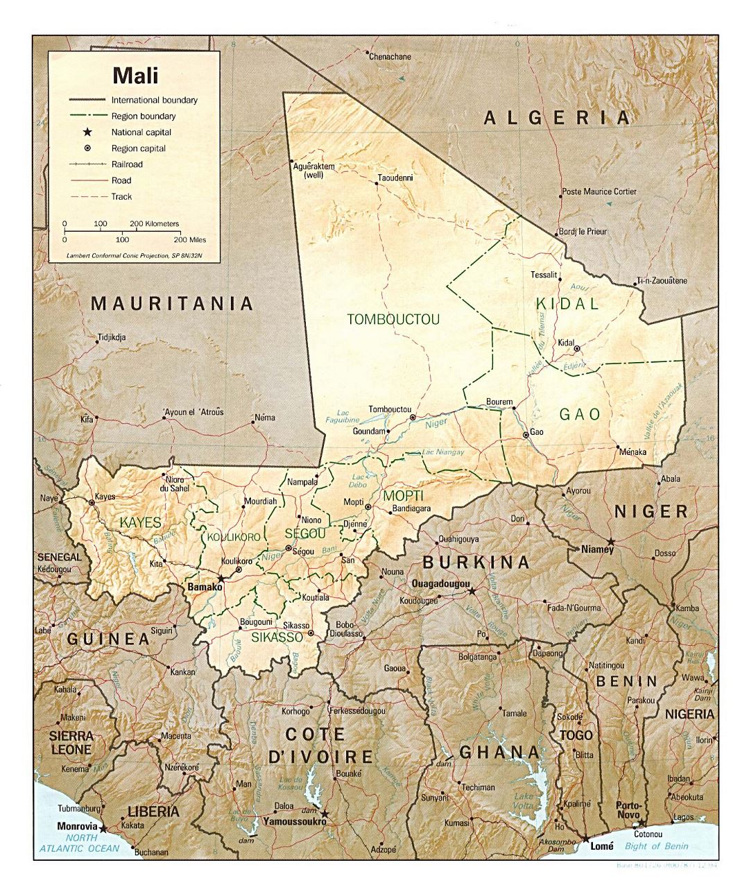 Большая политическая и административная карта Мали с рельефом, дорогами, железными дорогами и крупными городами - 1994