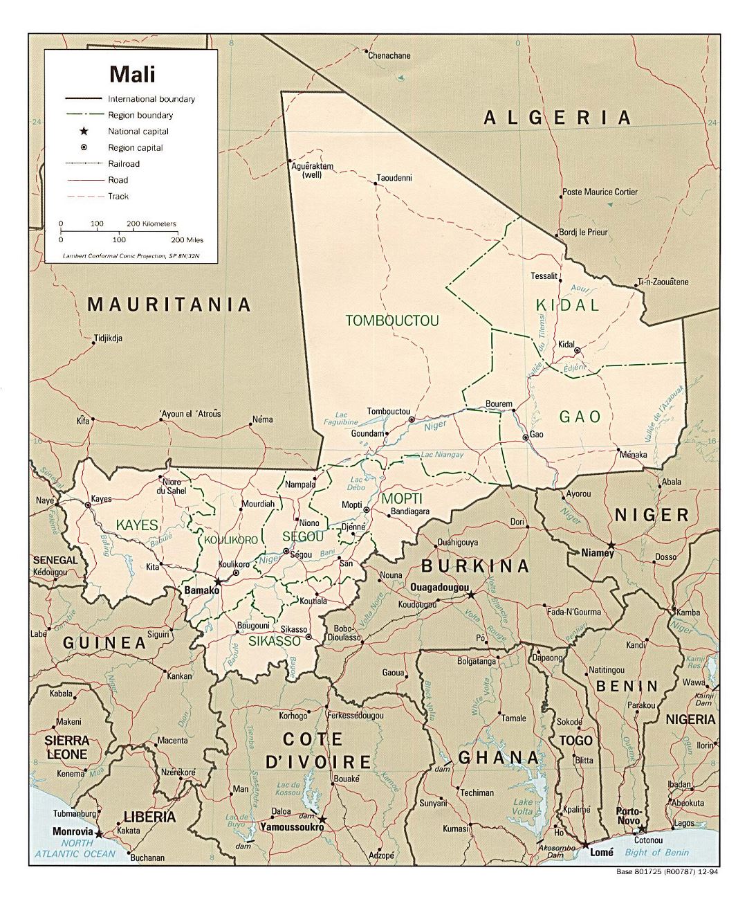 Большая политическая и административная карта Мали с дорогами, железными дорогами и крупными городами - 1994