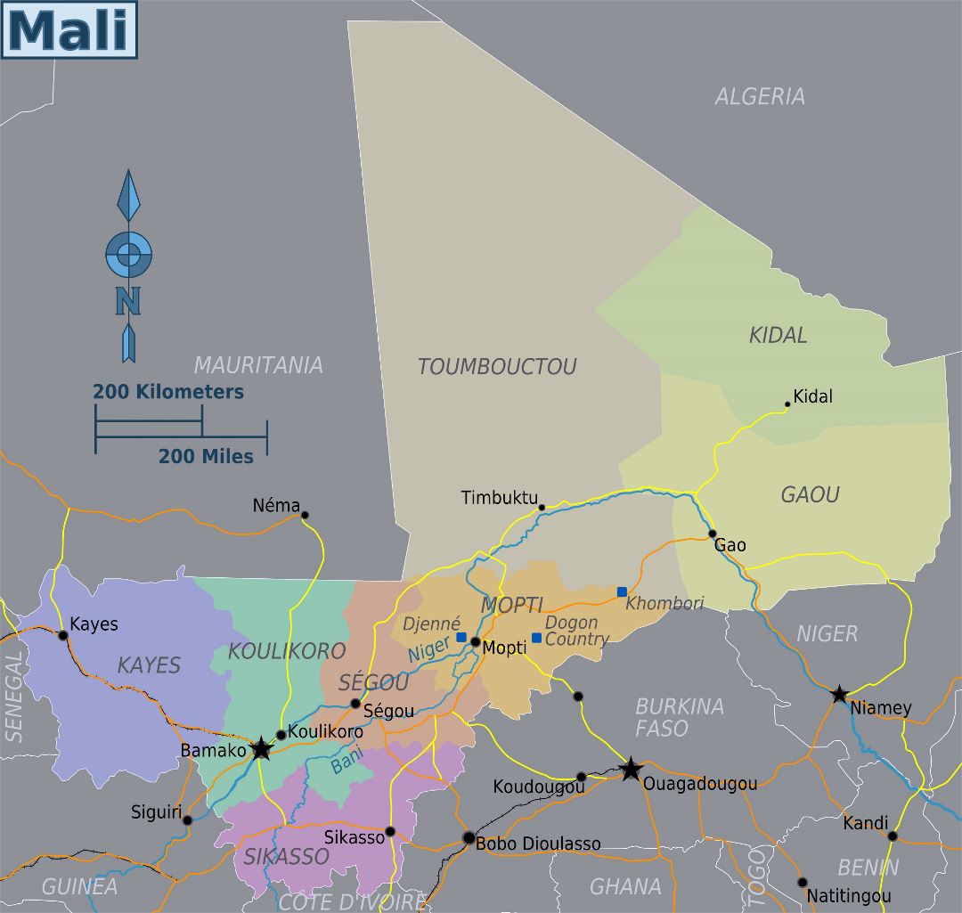 Большая карта регионов Мали