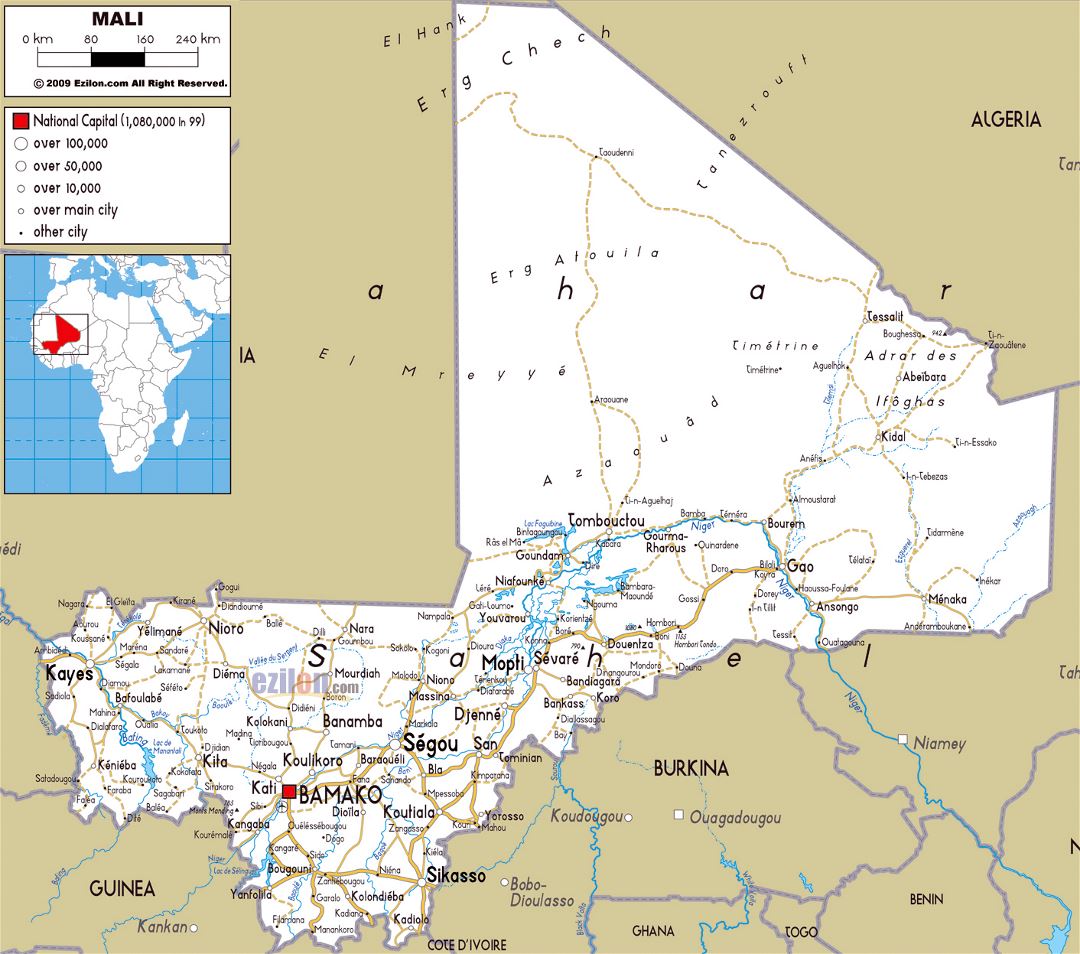 Большая карта дорог Мали с городами и аэропортами