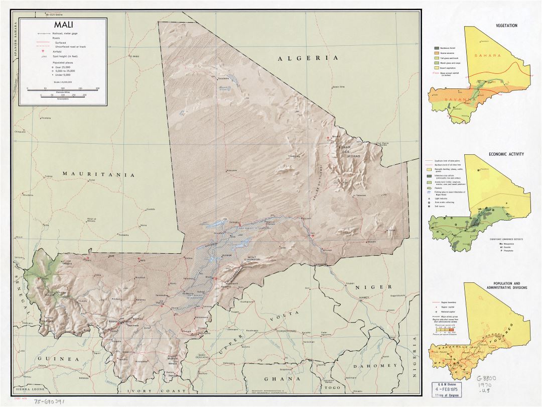 Крупномасштабная детальная политическая карта Мали с рельефом, дорогами, железными дорогами, городами и аэропортами - 1970