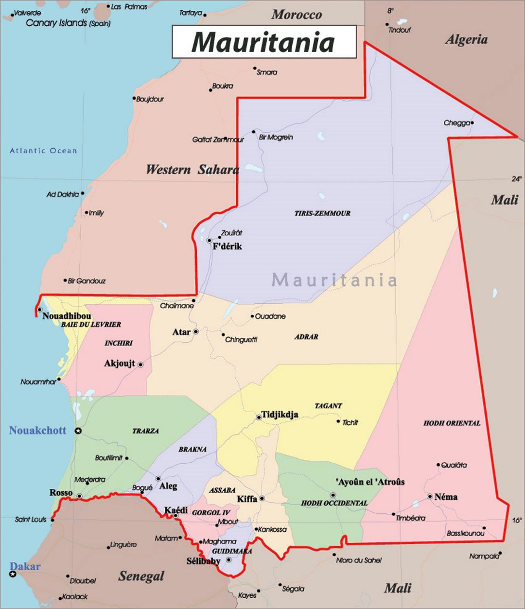 Детальная политическая и административная карта Мавритании с дорогами и крупными городами